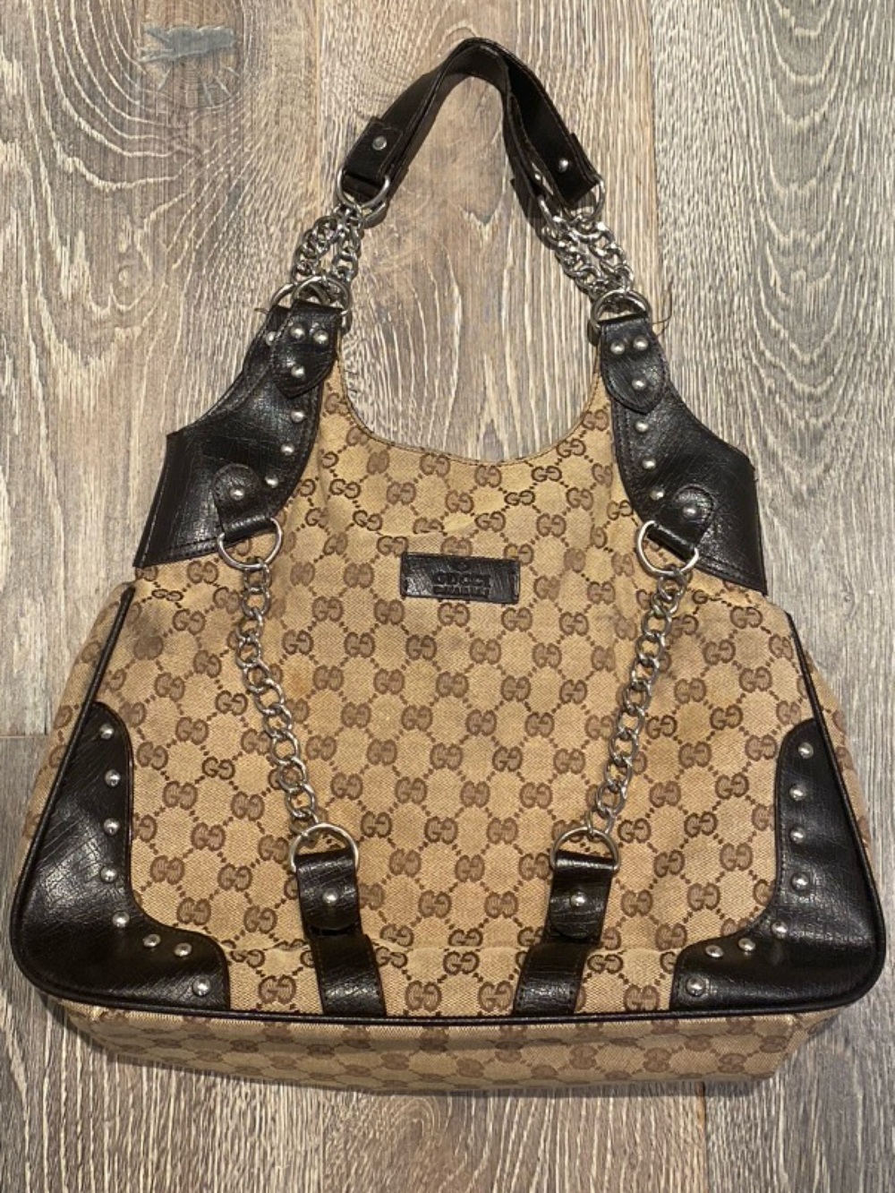 Vintage Gucci Brown GG Canvas Shoulder Bag with Black Leather Trim